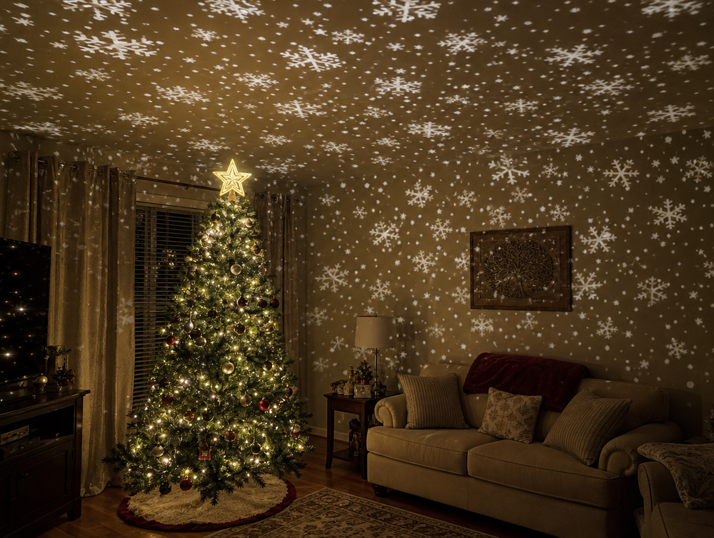 Living room ceiling covered in projected snowflakes from the Northlit Star