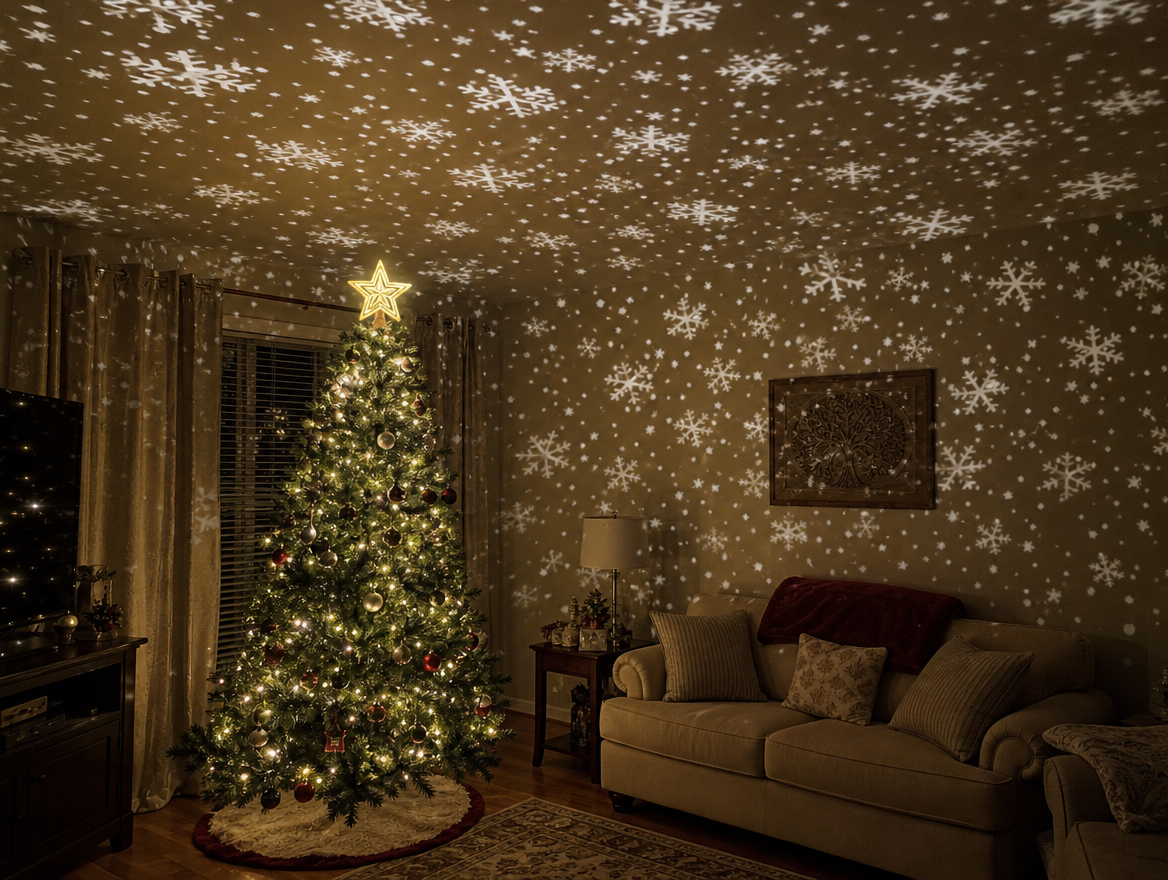 Living room ceiling covered in projected snowflakes from the Northlit Star