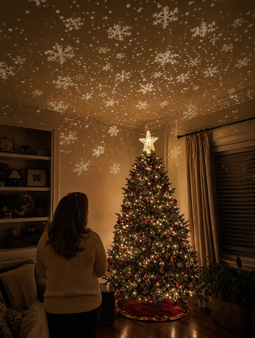 Woman looking up at the snowfall projected on her living room ceiling